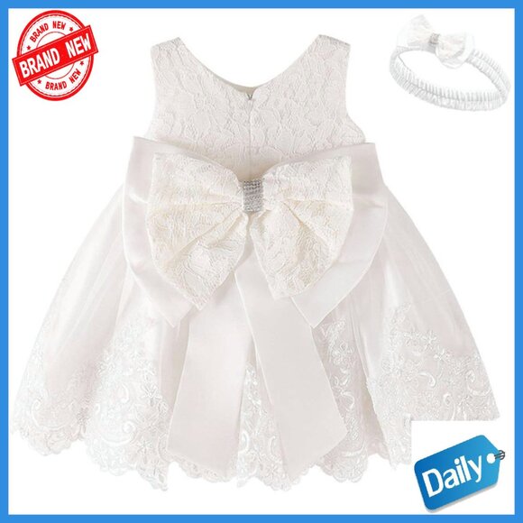 Baby Girls Formal Christening Dress with Headband Newborn to 2T